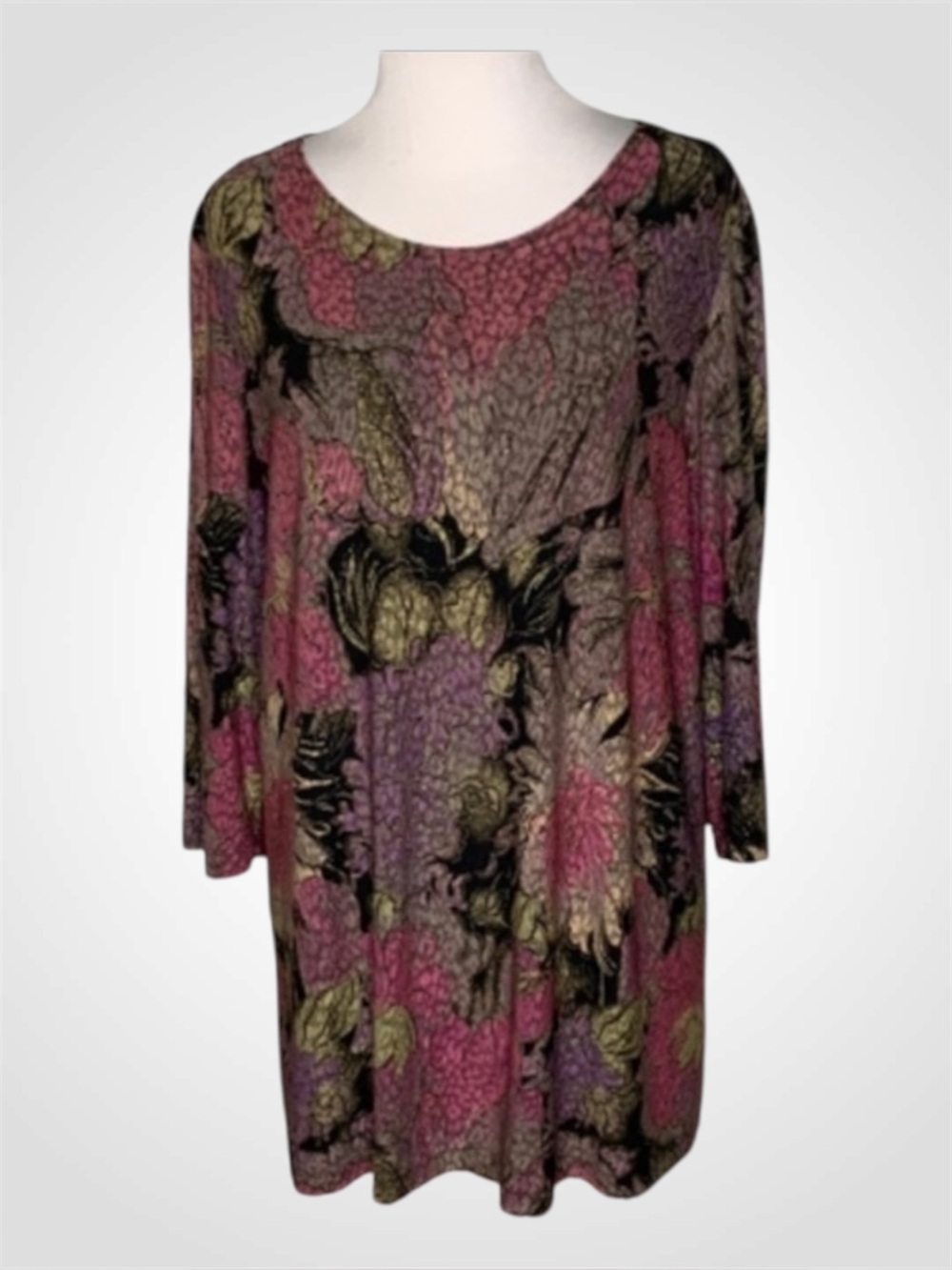 Maggie Barnes 3/4 Sleeve Round Neck Plum Black & Gold Sparkle Tunic 0X